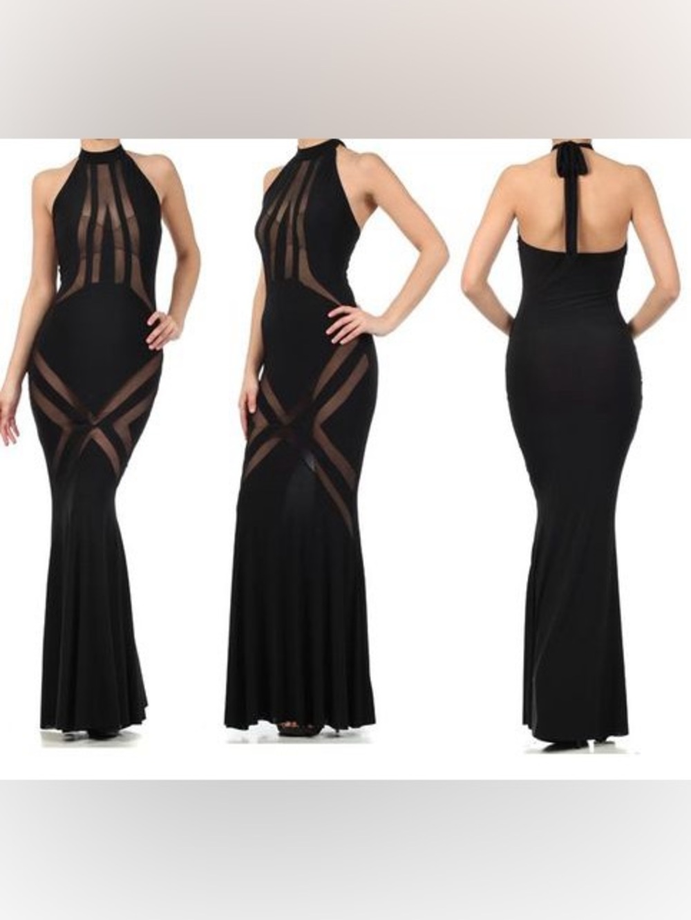 STUNNING Black Sheer Panel Halter Mermaid Dress Medium it stretches